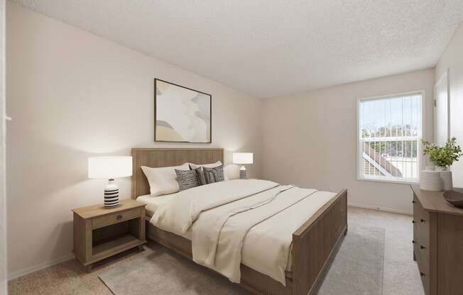 a bedroom with a large bed and a window at Vineyard Terrace Apartments, Napa, CA, 94558