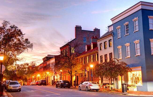 A street view of a city with cars parked on the side of the road.at Sherwood at Southern Towers, Alexandria, VA