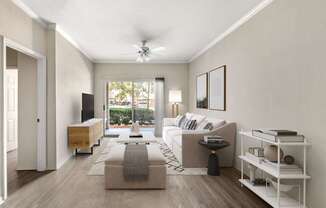 A living room with a couch, a coffee table, and a television.