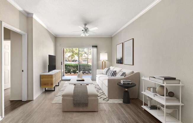 A living room with a couch, a coffee table, and a television.