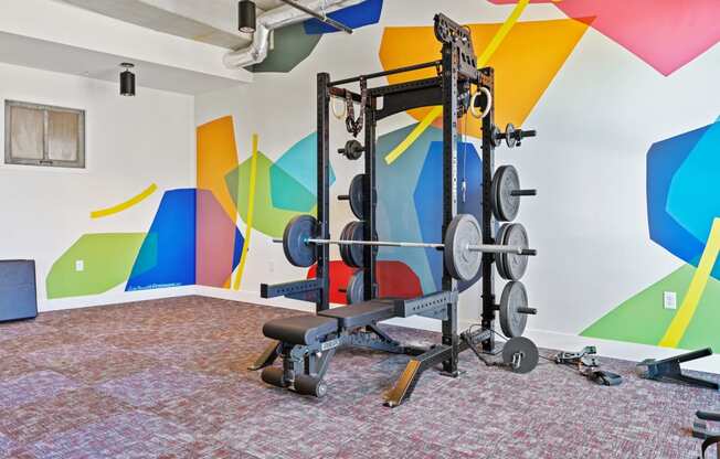 a fitness room with weights and cardio equipment in a room with colorful walls