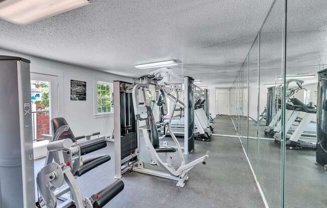 a gym with weights and mirrors on the floor and a glass wall
