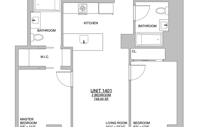 2 beds, 2 baths, 748 sqft, $6,100, Unit 1501