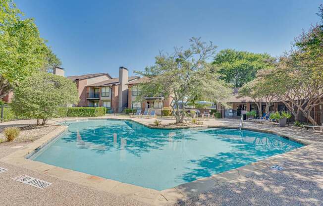 A swimming pool surrounded by a gravel area and trees.