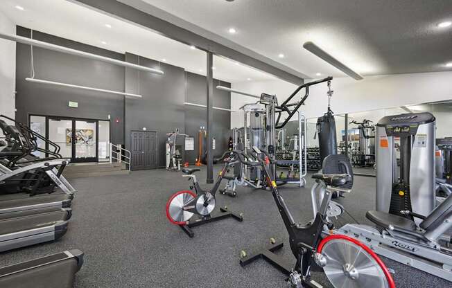 A gym with a variety of exercise equipment including treadmills, stationary bikes, and weight machines.