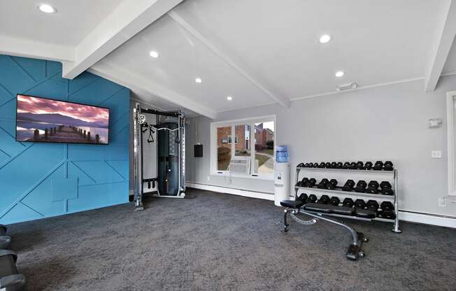The Haven at Grosse Pointe apartment gym with free weights and entertainment