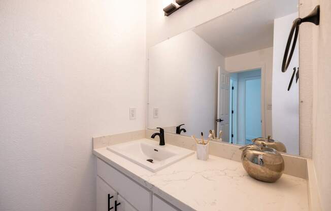 A bathroom with a white sink and a mirror.