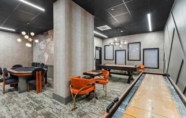 Game room with shuffle board and air hockey