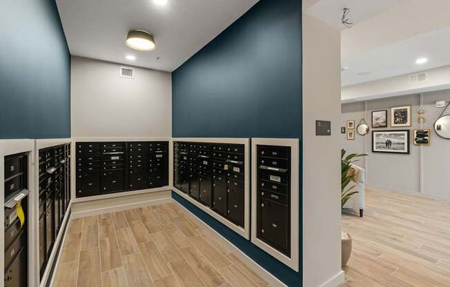 A kitchen with black cabinets and wooden floors.