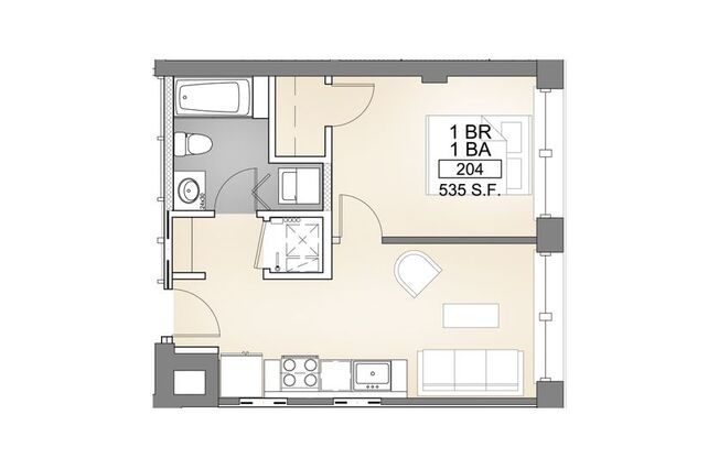 1 bed, 1 bath, 535 sqft, $975, Unit 204