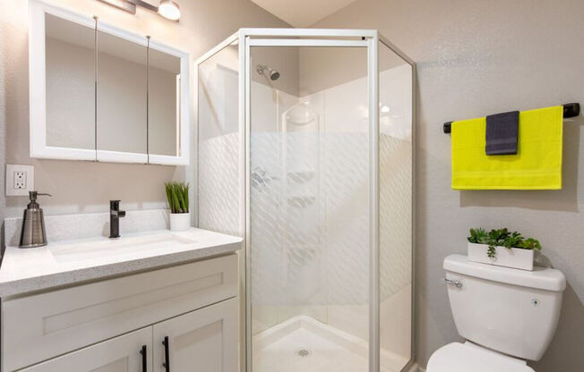 a bathroom with a shower and a sink and a toilet at Element LLC, Sunnyvale, CA, 94086