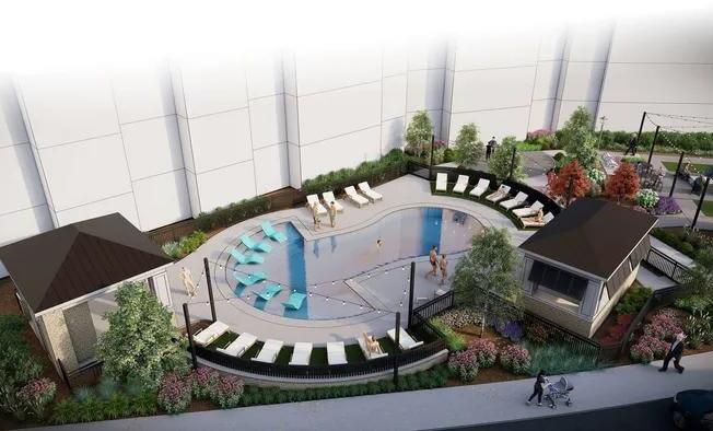 A rendering of a park with a playground and a small building.