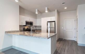 A kitchen with a breakfast bar, granite countertops, hardwood style flooring, and access to the front door at Lofts at South Lake, Clermont, 34711