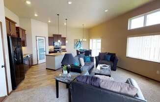 kitchen, island, cabinets, pantry, living area