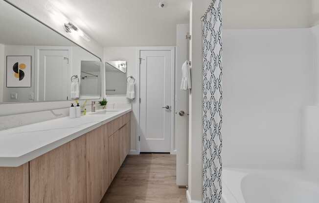 a bathroom with a tub and a sink and a shower curtain