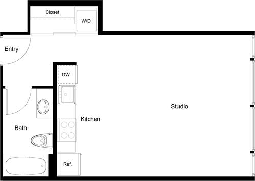 Studio, 1 bath, 505 sqft, $1,660, Unit 209