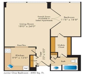 1 bed, 1 bath, 690 sqft, $2,305