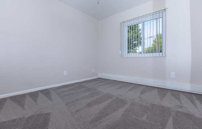 a bedroom with gray carpet and a window