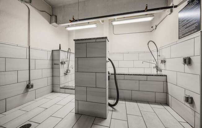 A bathroom with a shower and a toilet.