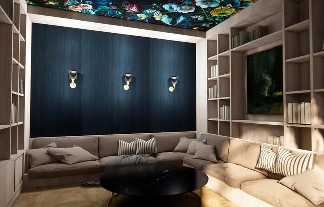 Media room with comfortable seating.