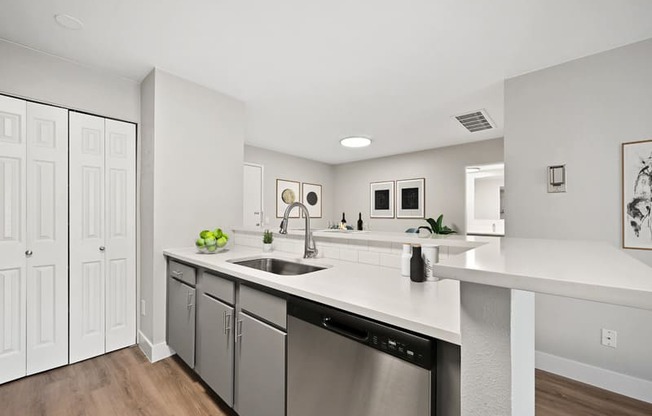 A modern kitchen with a stainless steel dishwasher and white countertops.