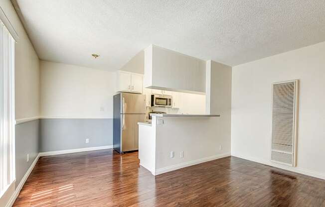 Apartment Kitchen and living room at The Palms Apartments in Hawthorne Los Angeles California.