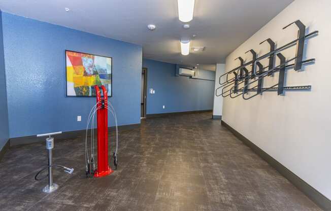 Bike Storage room with bike storage and repair stationl at Zeta Luxury Apartments in Sacramento, CA