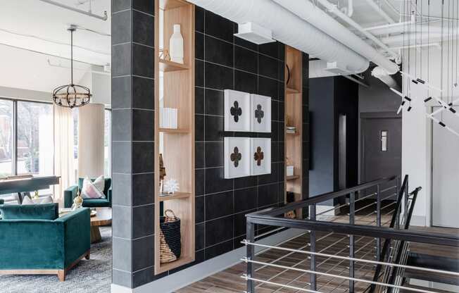 Nicely decorated hallway in the resident lounge area at The Apartments at St. Marys, Raleigh