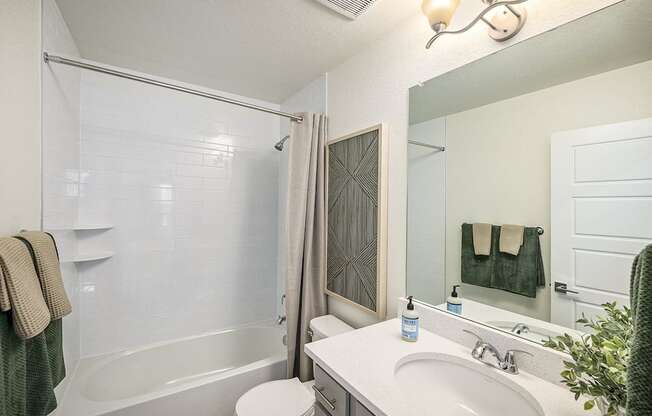 a bathroom with a shower and a sink and a mirror