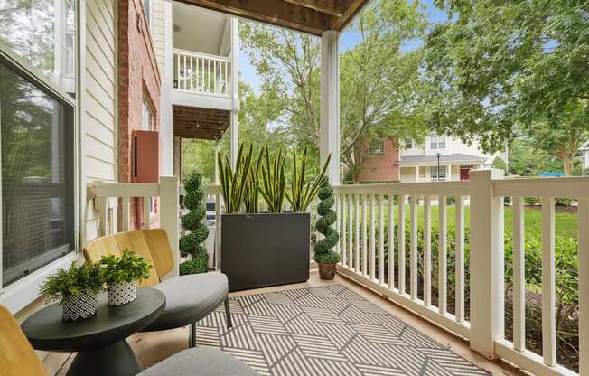 A patio with a table and chairs and a potted plant.