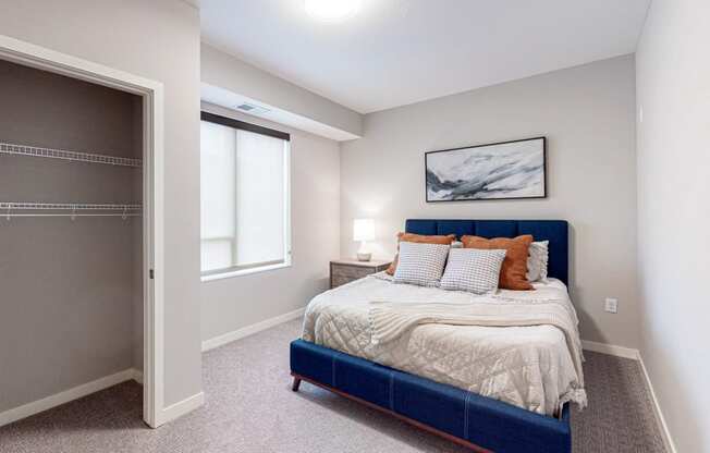 a bedroom with a bed and a closet