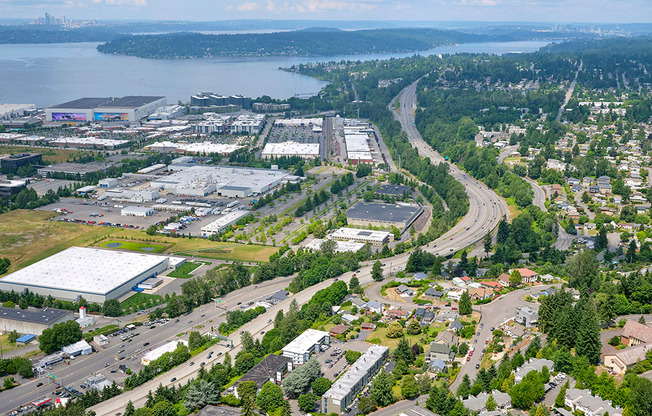 Birds-eye view of the surrounding area, including Seattle and Lake Washington.