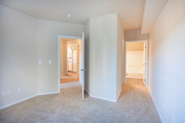Bedroom interior with wall to wall carpet, two closets with french doors, two night stands with lamps, and art work hanging above the bed at Metropolitan Place Apartments, Washington, 98057