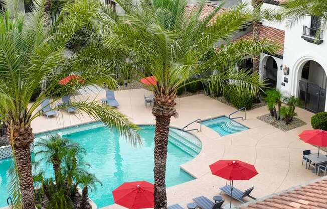 a swimming pool in a courtyard with palm trees