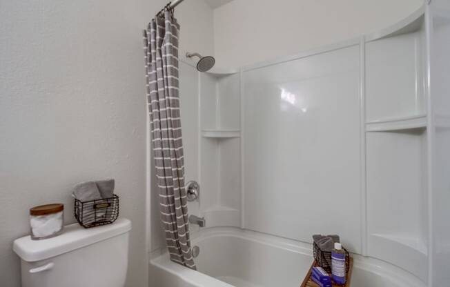 a bathroom with a bathtub and a toilet