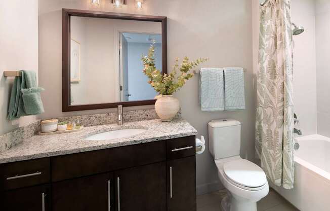 A bathroom with a sink, toilet, and a mirror.