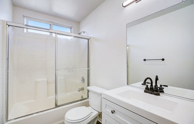 a bathroom with a shower toilet and sink