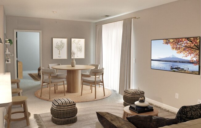 a rendering of a living room with a table and chairs and a tv