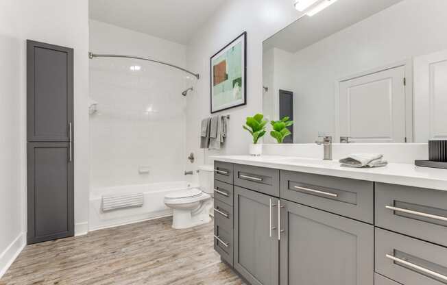 a bathroom with gray cabinets and a toilet and a shower