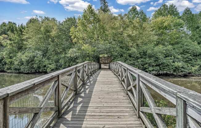 a wooden bridge over a river with trees