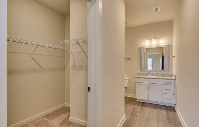Bathroom sink with framed mirror and open door to large closet at The Augustan, Georgia