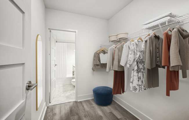 a walk in closet with a door to the bathroom and a closet rack with clothes