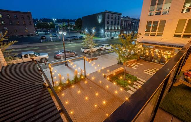 The Warren Apartments courtyard string lights at night