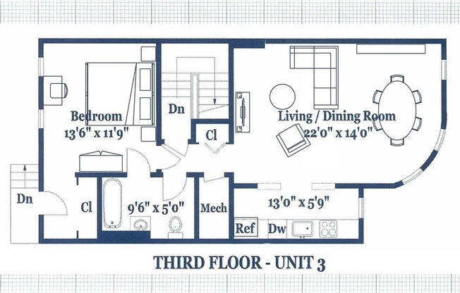 1 bed, 1 bath, 735 sqft, $1,990, Unit 3