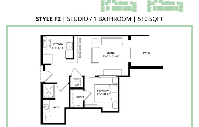 Studio, 1 bath, 510 sqft, $1,365, Unit 119