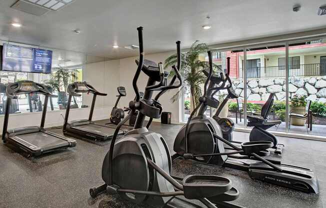 A modern fitness center here at Heritage Hills featuring multiple cardio machines including treadmills, elliptical trainers, and a stationary bike arranged on rubber flooring. The space includes wall mirrors, mounted TV screens, indoor plants, and large windows that bring in natural light while overlooking landscaped outdoor areas.