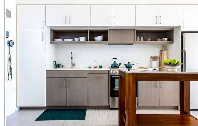 Kitchen with white cabinets and kitchen island