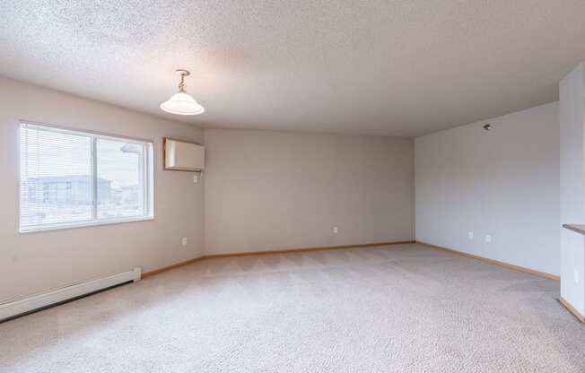 A room with a window and a carpeted floor. Fargo, ND East Bridge Apartments