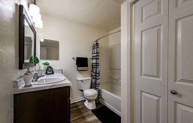 Renovated bathroom with full bathtub and linen closet