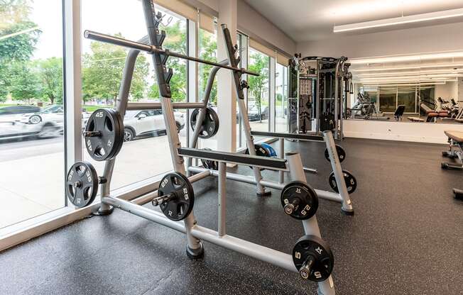 a gym with weights and cardio equipment in a building